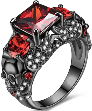 Gothic Black Skull Rings Red Purple Crystal Ring Cocktail Party Halloween Biker Rings for Women Christmas Gifts