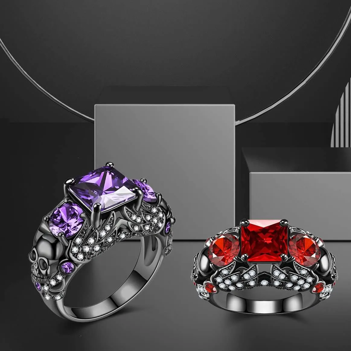 Gothic Black Skull Rings Red Purple Crystal Ring Cocktail Party Halloween Biker Rings for Women Christmas Gifts