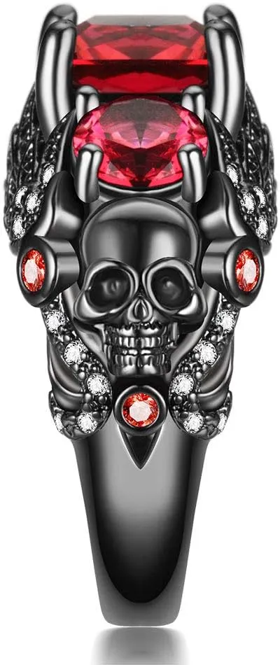 Gothic Black Skull Rings Red Purple Crystal Ring Cocktail Party Halloween Biker Rings for Women Christmas Gifts