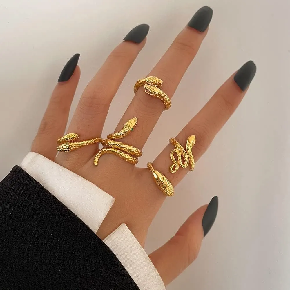 Gothic Snake Ring Set - Adjustable Gold & Silver Snake Rings for Women - Animal Serpent Punk Jewelry