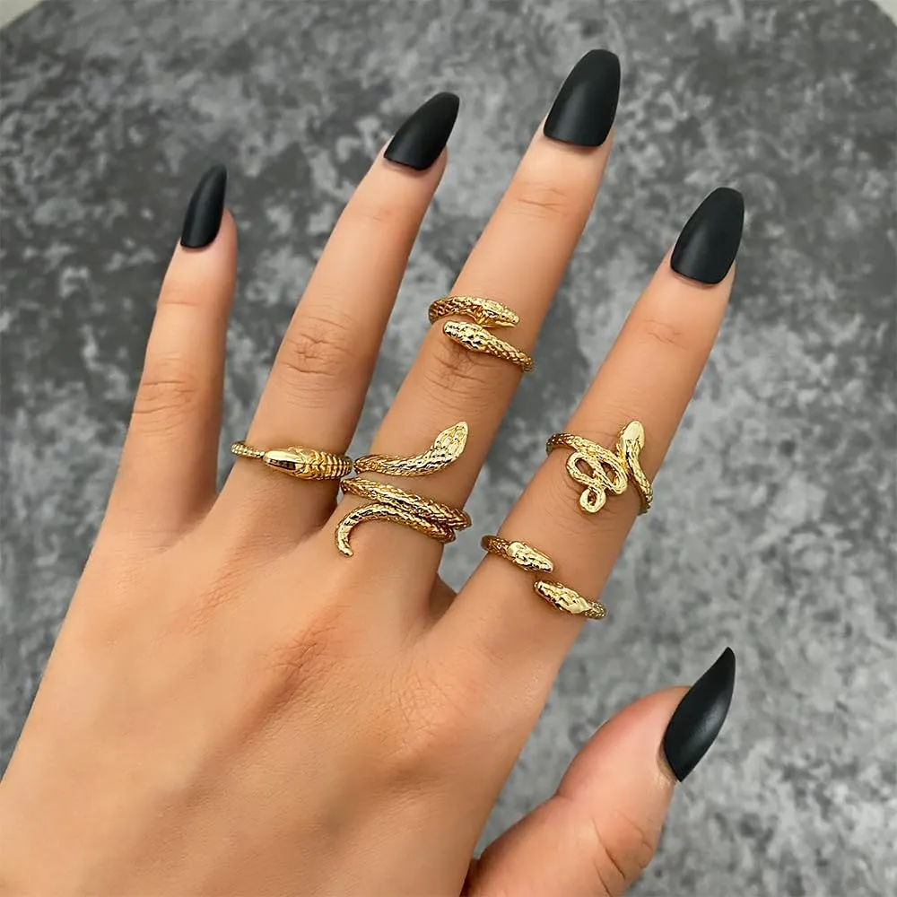 Gothic Snake Ring Set - Adjustable Gold & Silver Snake Rings for Women - Animal Serpent Punk Jewelry