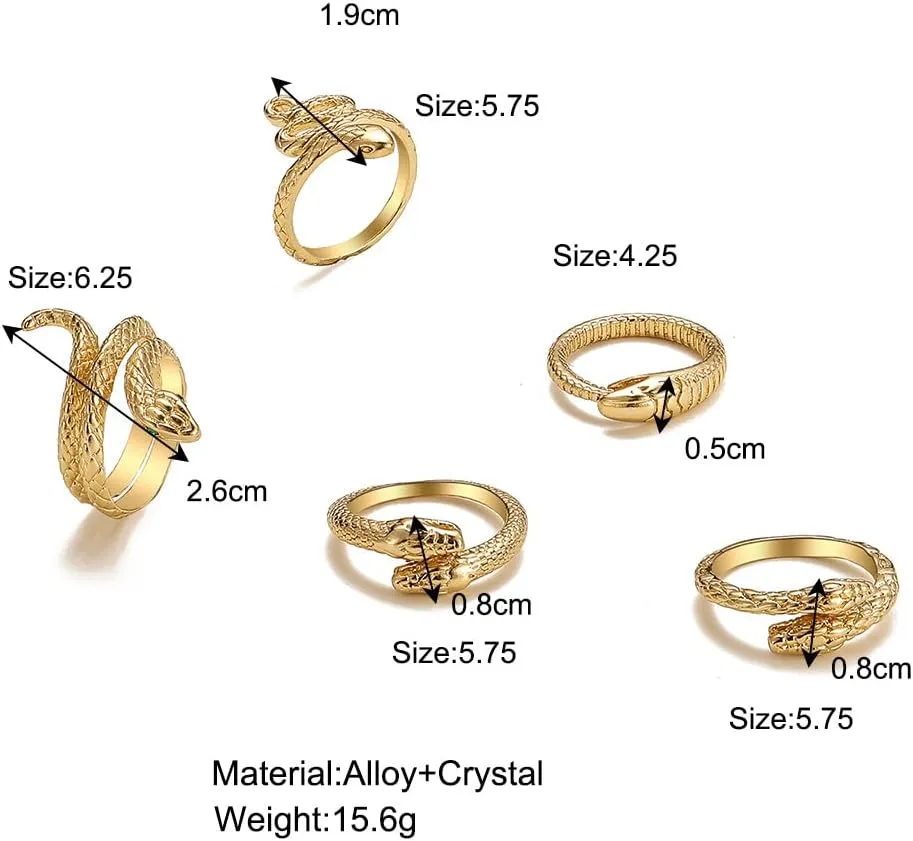 Gothic Snake Ring Set - Adjustable Gold & Silver Snake Rings for Women - Animal Serpent Punk Jewelry