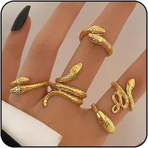 Gothic Snake Ring Set - Adjustable Gold & Silver Snake Rings for Women - Animal Serpent Punk Jewelry