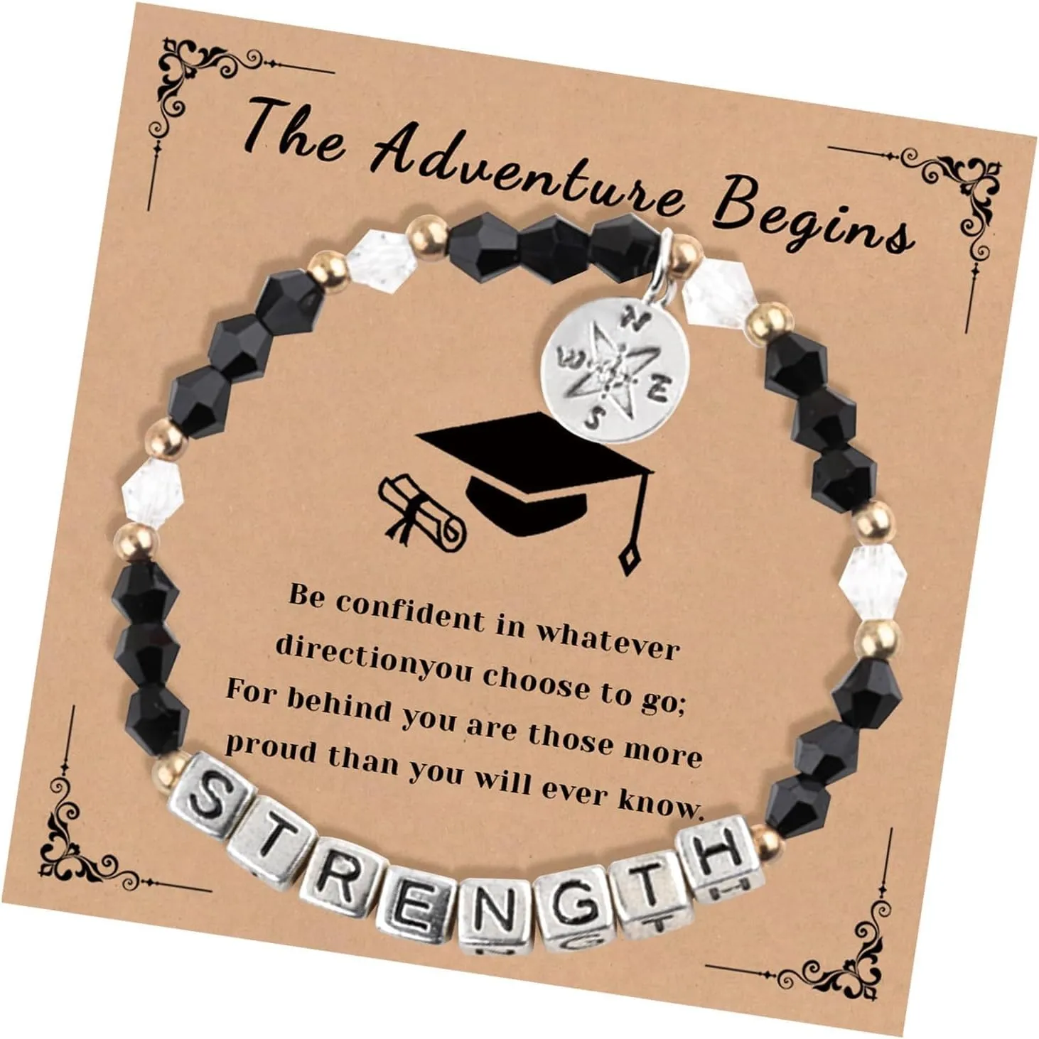 Graduation Gifts for Her Him, Strength Engraved Graduation Bracelet Inspirational Bracelets with Compass Charm, Black Beaded Stretch Motivational Bracelets Jewelry Gifts for Women Men