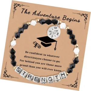 Graduation Gifts for Her Him, Strength Engraved Graduation Bracelet Inspirational Bracelets with Compass Charm, Black Beaded Stretch Motivational Bracelets Jewelry Gifts for Women Men