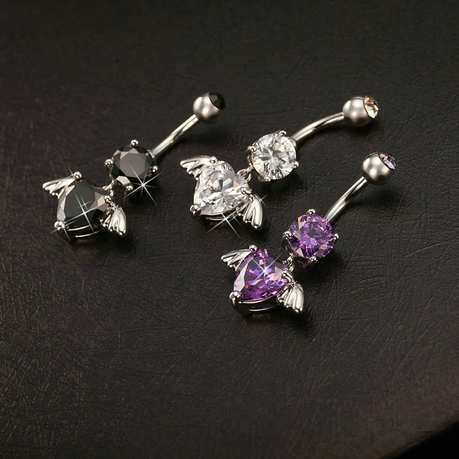 Gualiy Dangle Belly Button Rings Surgical Steel Wing Heart with Cubic Zirconia Piercing Belly Button Rings