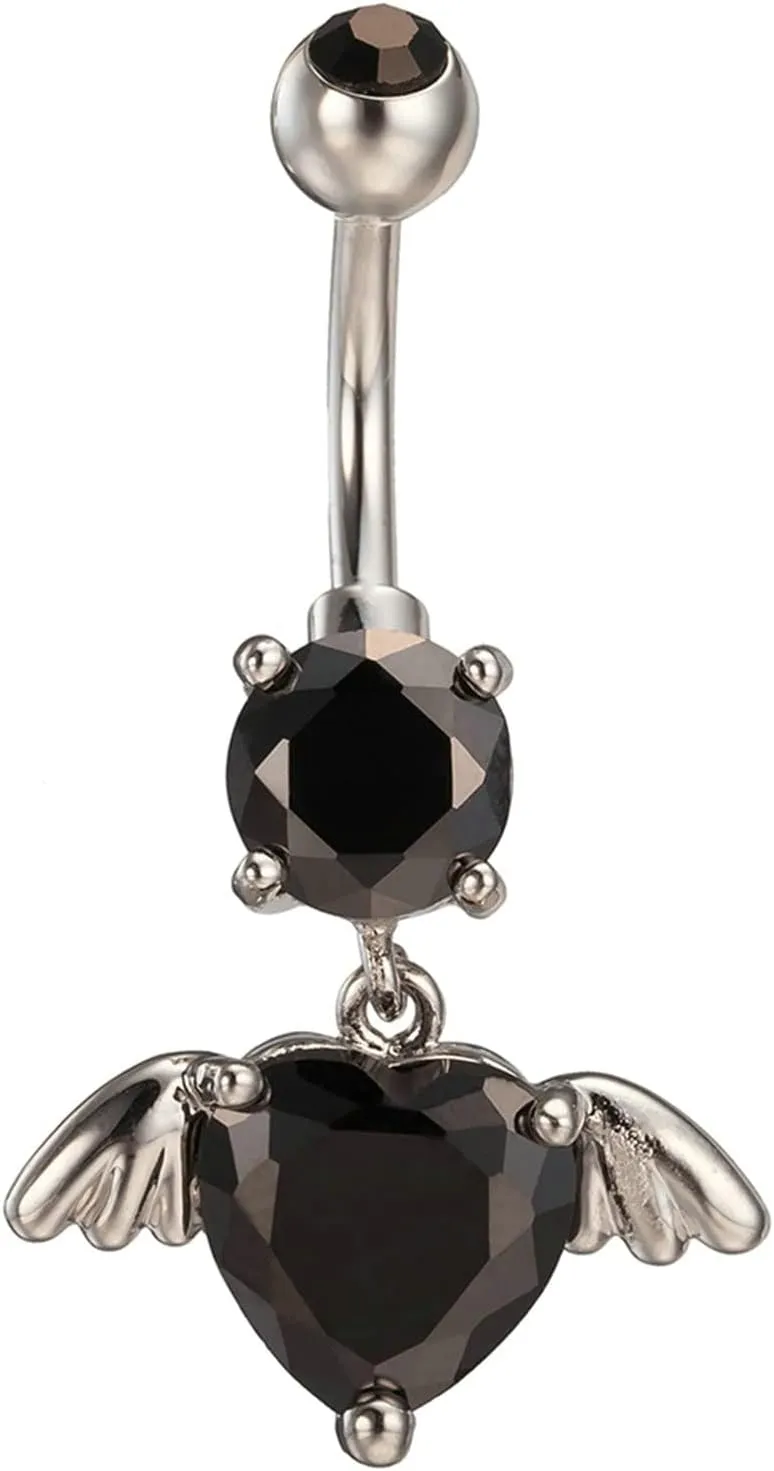 Gualiy Dangle Belly Button Rings Surgical Steel Wing Heart with Cubic Zirconia Piercing Belly Button Rings
