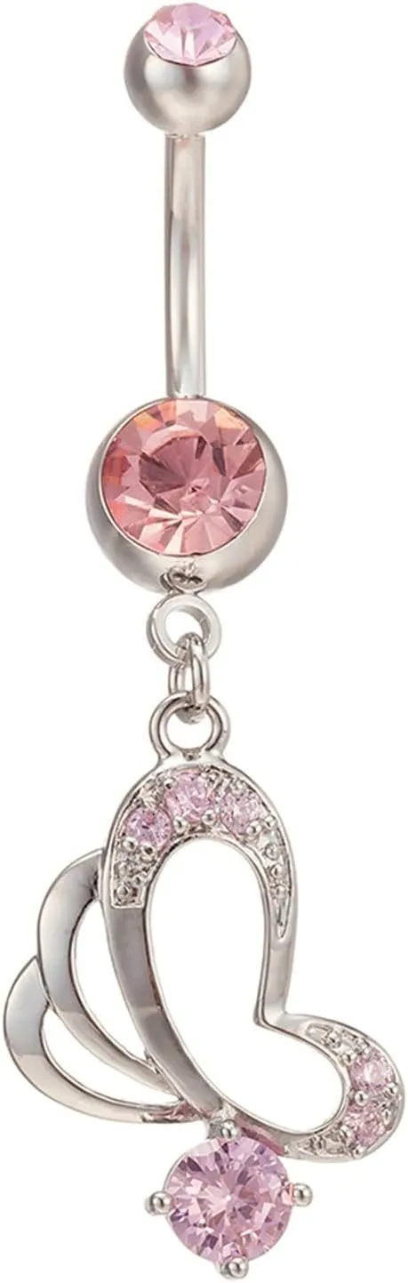 Gualiy Stainless Steel Belly Button Rings Dangling Butterfly with Cubic Zirconia Navel Rings For Women