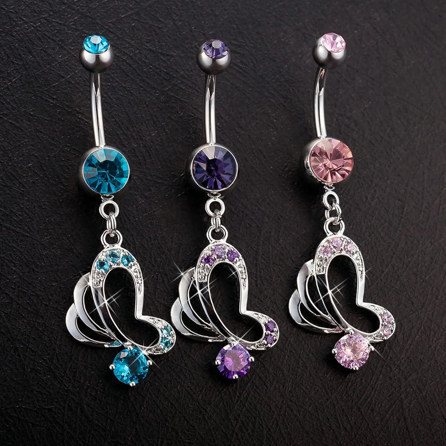 Gualiy Stainless Steel Belly Button Rings Dangling Butterfly with Cubic Zirconia Navel Rings For Women