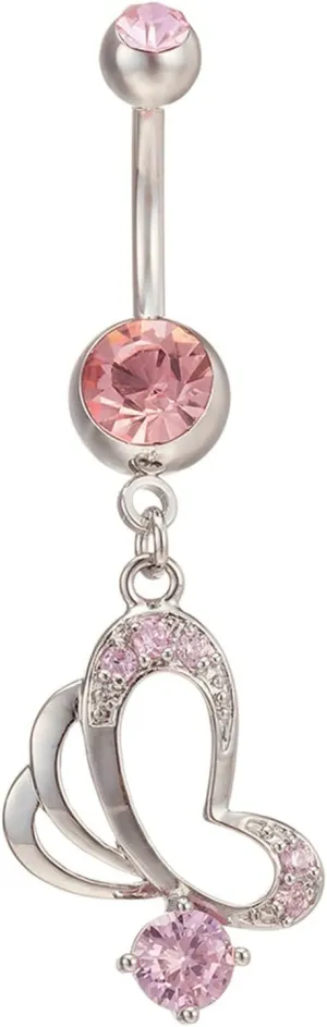 Gualiy Stainless Steel Belly Button Rings Dangling Butterfly with Cubic Zirconia Navel Rings For Women
