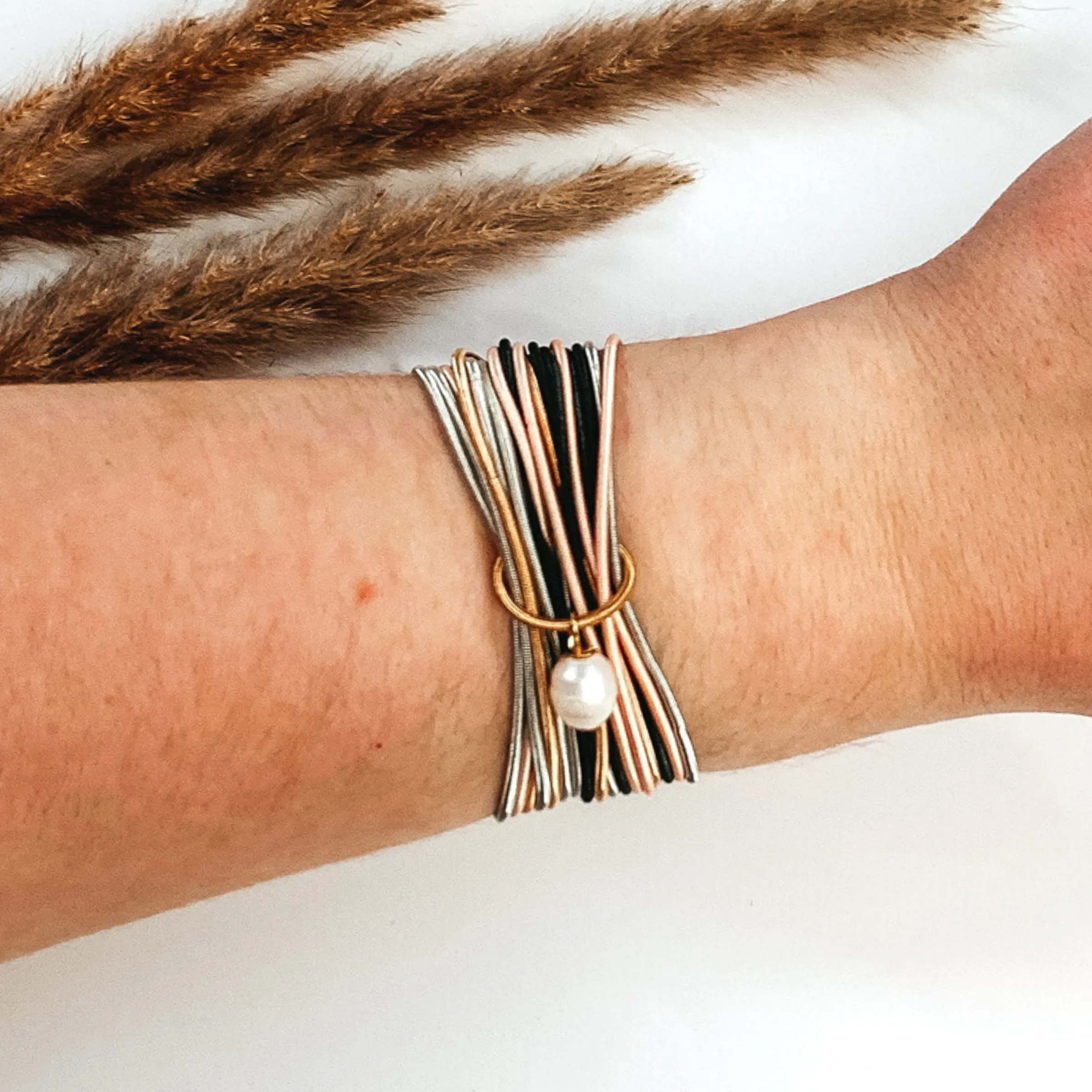 Guitar String Elastic Bracelet Set in Multicolored with a Pearl Charm