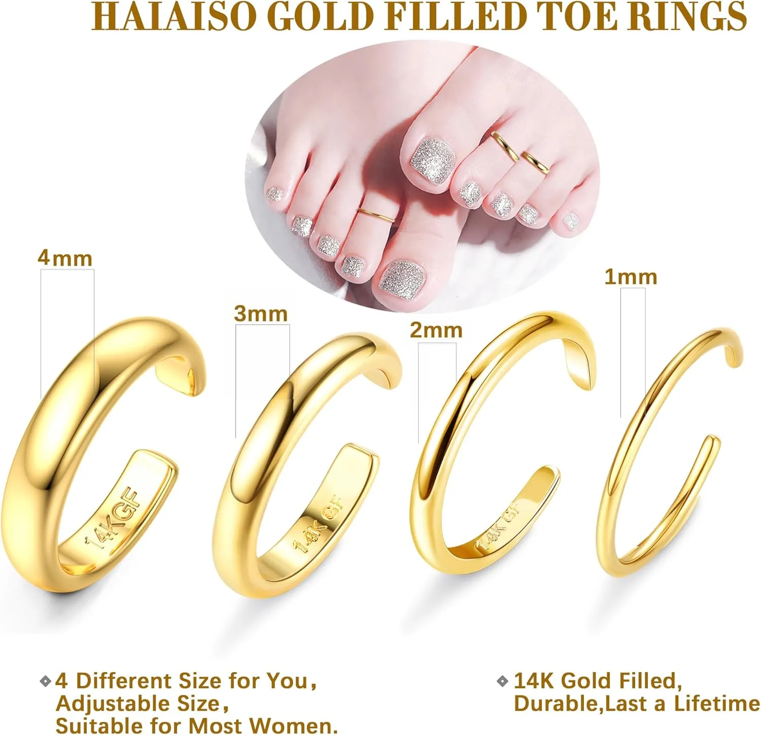 HAIAISO 14k Gold Filled Toe Rings Adjustable Toe Ring for Women Thin Toe Rings Open Band Toe Ring Summer Beach Foot Jewelry Set