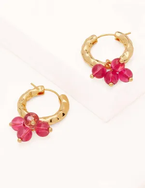 Hammered Beaded Hoop Earrings-Pink
