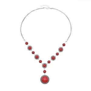 Handmade Turquoise Y-shaped Necklace for Women Vintage Cowgirls Bohemian Western Turquoise Pendant Necklaces Handmade Beaded Necklace Ethnic Trendy Western Jewelry (Red)