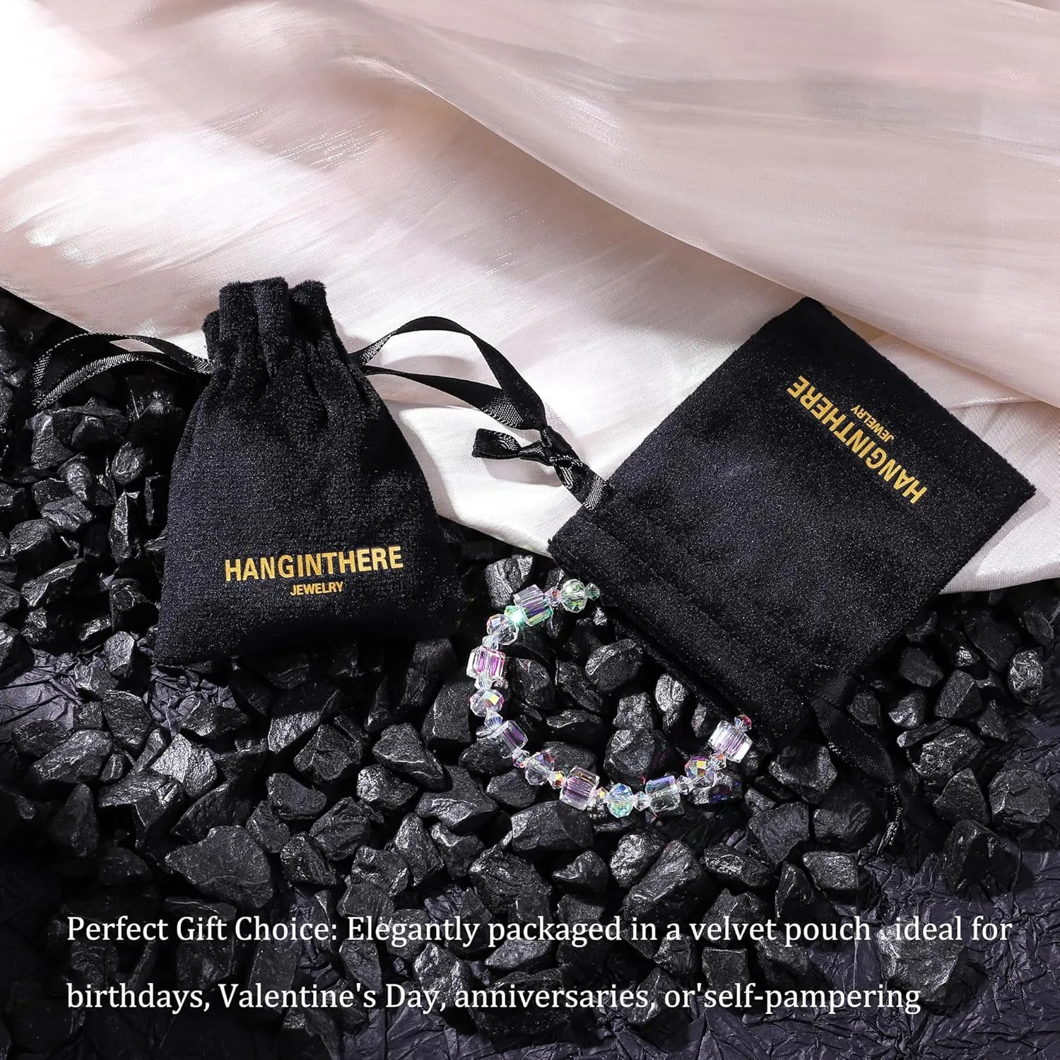 HANGINTHERE Austrian Crystal Stretch Bracelet for Women - Iridescent Aurora Borealis Healing Jewelry with Velvet Pouch, 7 Inch Adjustable Sparkling Gift for Birthdays, Valentines,Retirements
