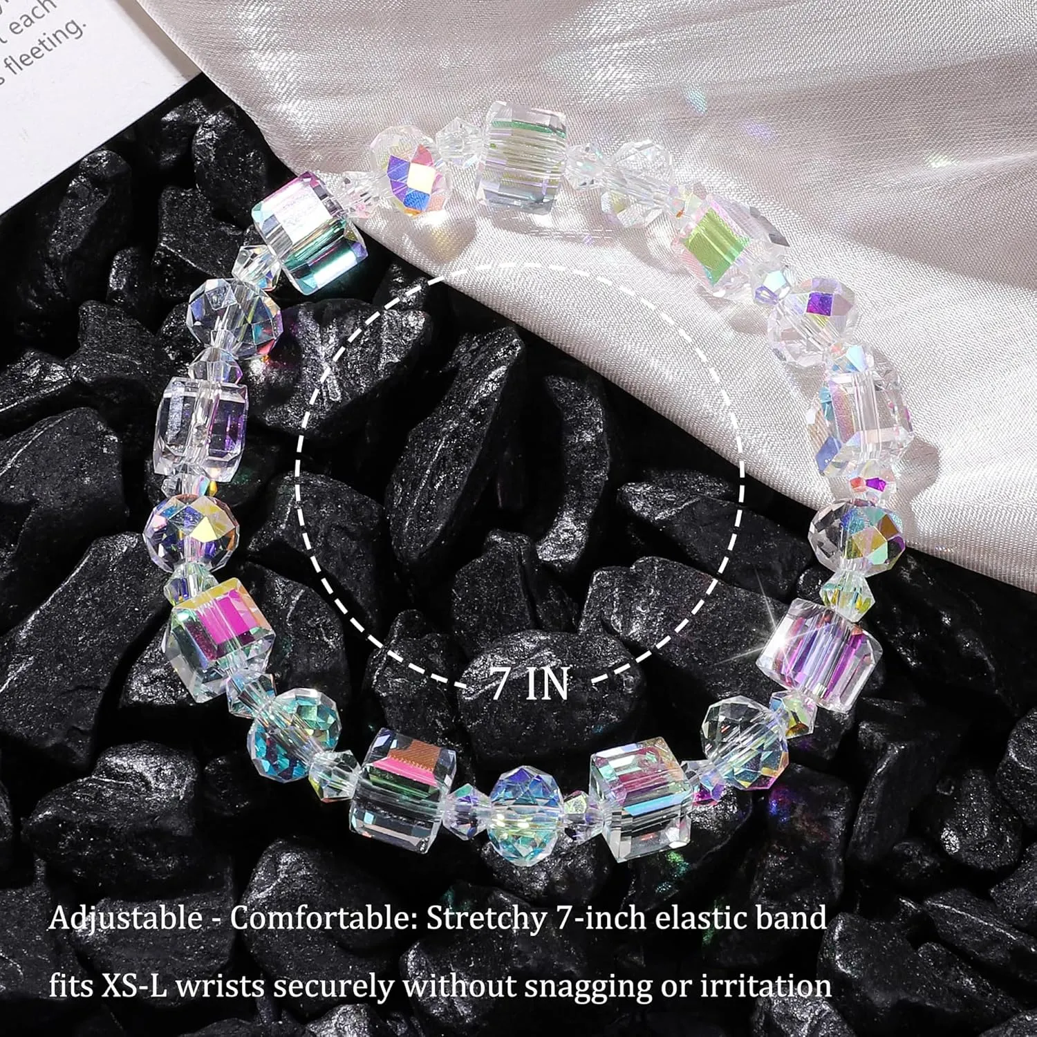 HANGINTHERE Austrian Crystal Stretch Bracelet for Women - Iridescent Aurora Borealis Healing Jewelry with Velvet Pouch, 7 Inch Adjustable Sparkling Gift for Birthdays, Valentines,Retirements