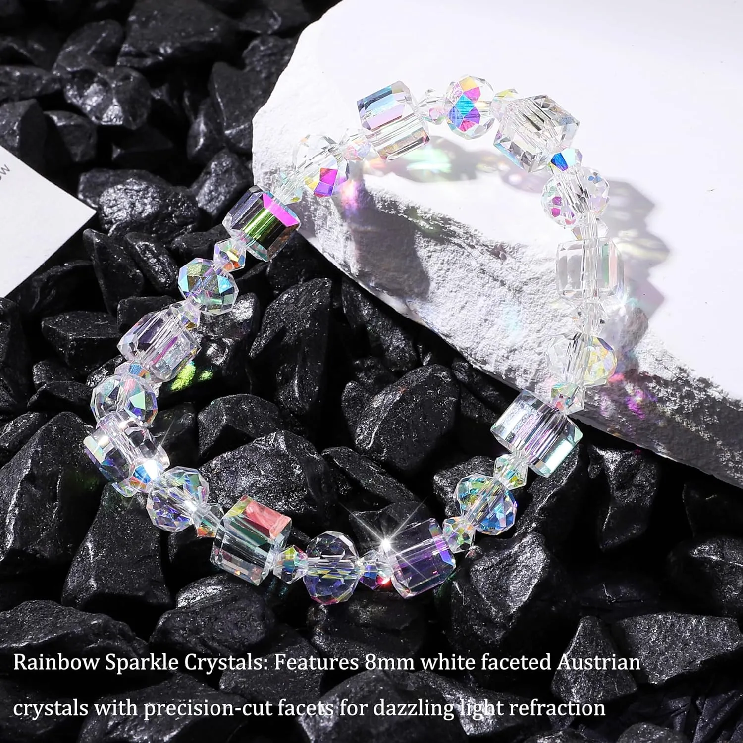 HANGINTHERE Austrian Crystal Stretch Bracelet for Women - Iridescent Aurora Borealis Healing Jewelry with Velvet Pouch, 7 Inch Adjustable Sparkling Gift for Birthdays, Valentines,Retirements