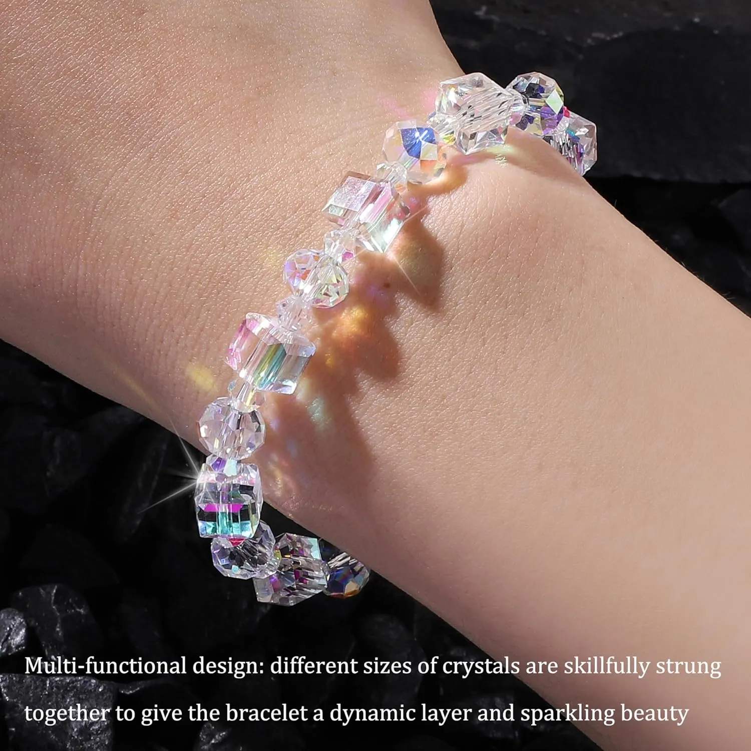 HANGINTHERE Austrian Crystal Stretch Bracelet for Women - Iridescent Aurora Borealis Healing Jewelry with Velvet Pouch, 7 Inch Adjustable Sparkling Gift for Birthdays, Valentines,Retirements
