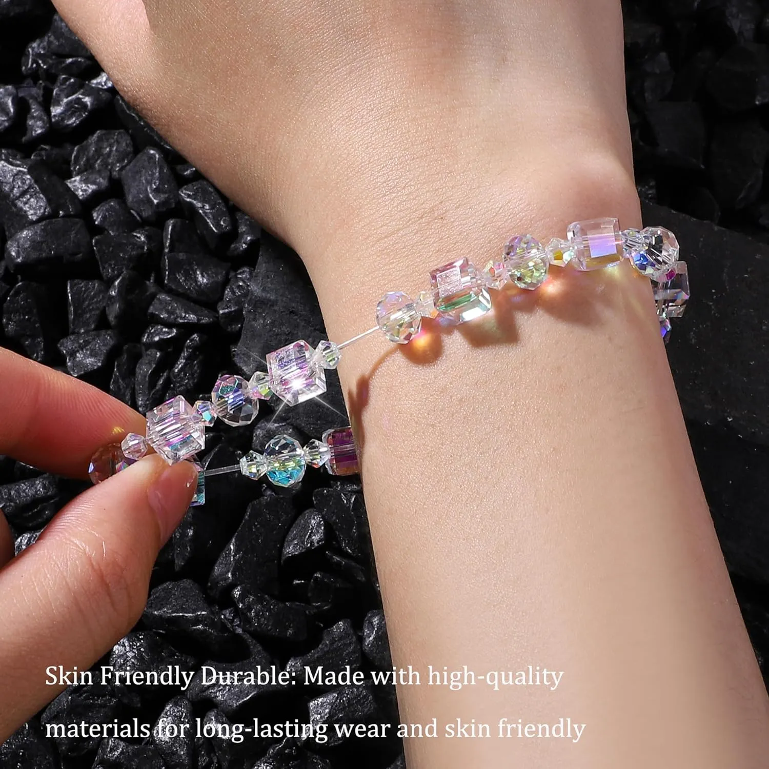 HANGINTHERE Austrian Crystal Stretch Bracelet for Women - Iridescent Aurora Borealis Healing Jewelry with Velvet Pouch, 7 Inch Adjustable Sparkling Gift for Birthdays, Valentines,Retirements