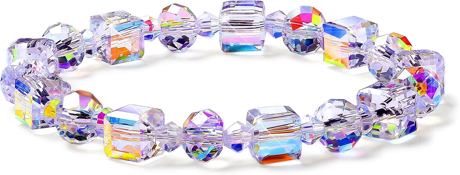 HANGINTHERE Austrian Crystal Stretch Bracelet for Women - Iridescent Aurora Borealis Healing Jewelry with Velvet Pouch, 7 Inch Adjustable Sparkling Gift for Birthdays, Valentines,Retirements