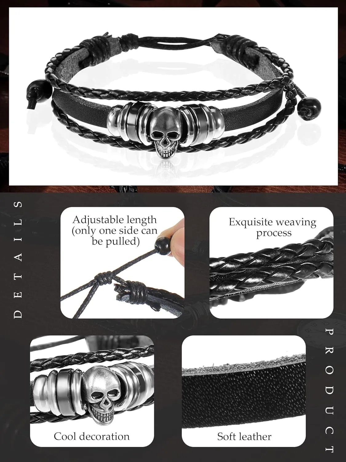 Hicarer 3 Pieces Halloween Leather Punk Bracelet for Men Women 80s Goth Rock Wristband Cuff Bangle Unisex for Party Favors Accessories