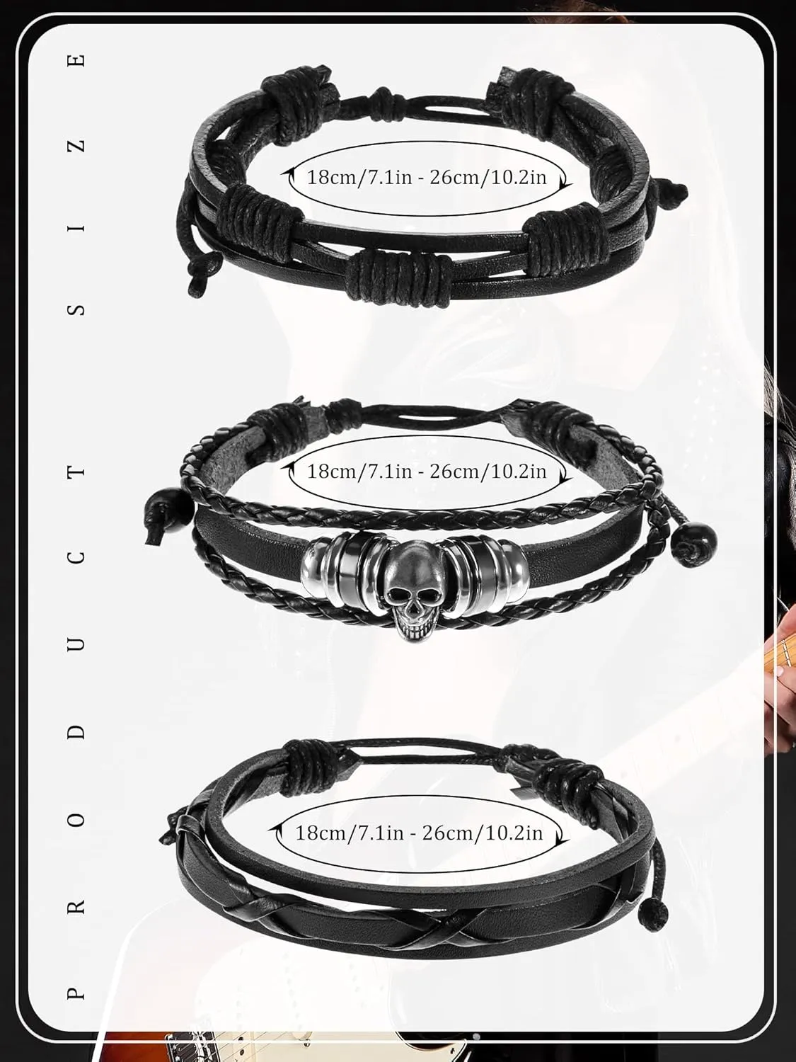 Hicarer 3 Pieces Halloween Leather Punk Bracelet for Men Women 80s Goth Rock Wristband Cuff Bangle Unisex for Party Favors Accessories