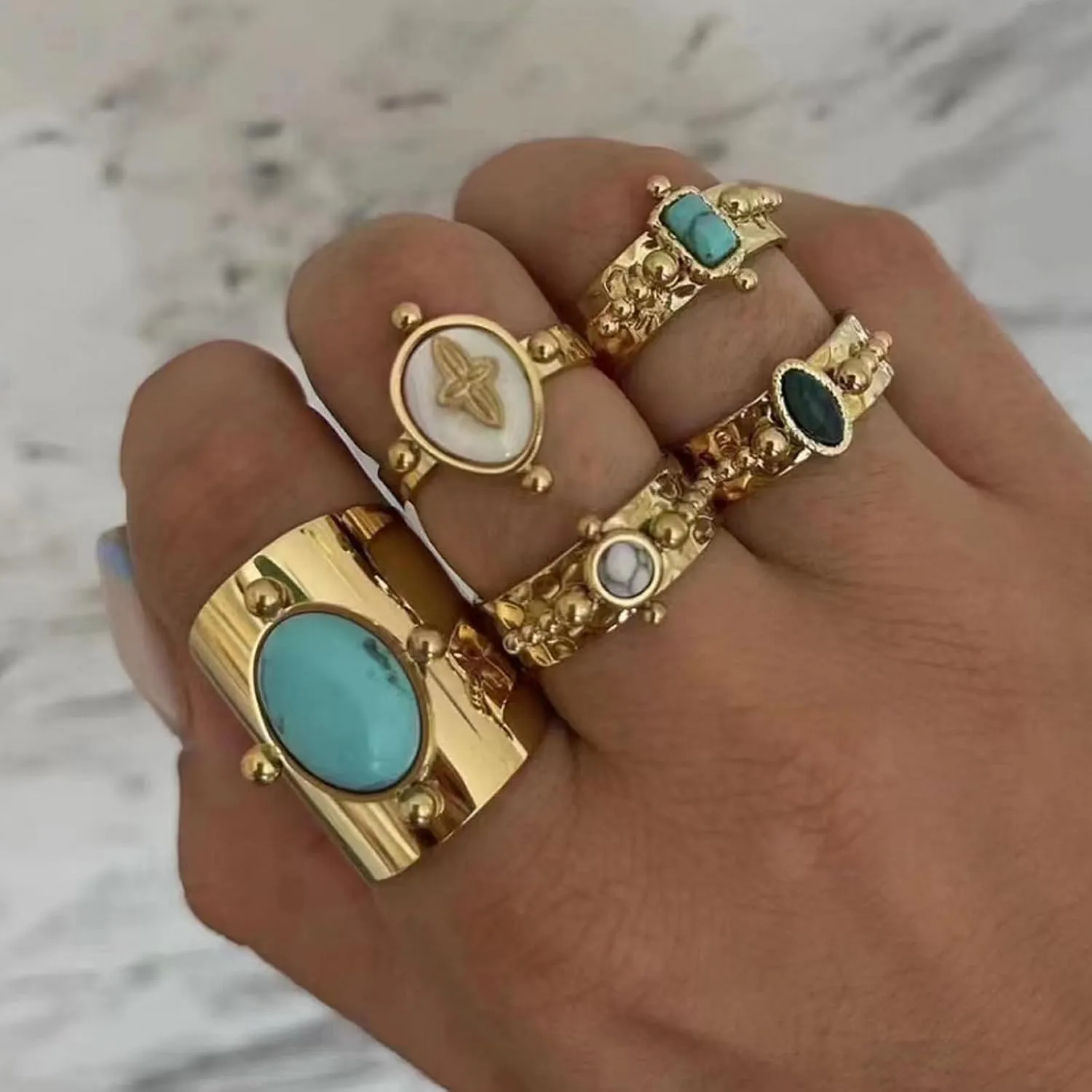 HIIXHC Chunky Gold Rings for Women - Adjustable Stackable Fashion Ring, Gold Plated Statement Knuckle Handmade Gemstone Gothic Vintage Rings for Teen Girls