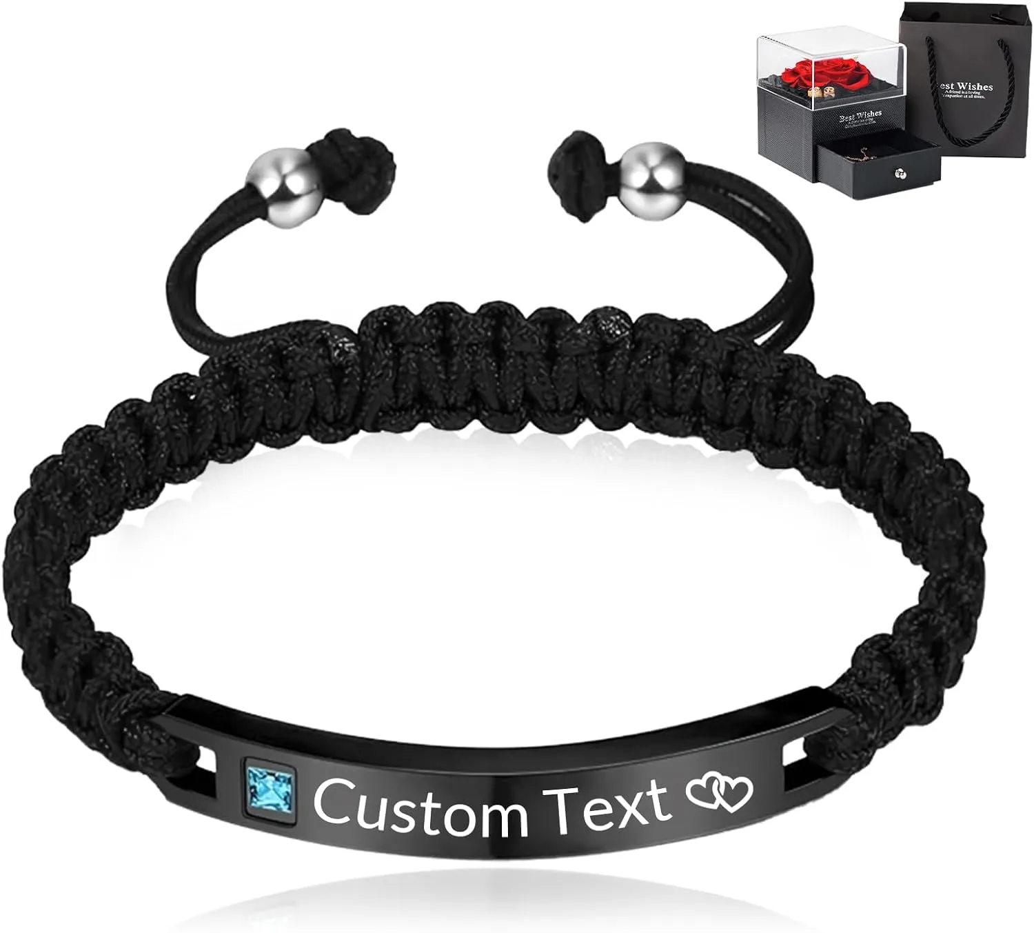 HJX Personalized Couple Bracelets Custom Engraving Name ID Bracelet,Customize Handmade Braided Rope Adjustable Bracelets for Men Women Lover Christmas Valentines Day Gifts (01-Men Bracelet)