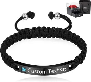 HJX Personalized Couple Bracelets Custom Engraving Name ID Bracelet,Customize Handmade Braided Rope Adjustable Bracelets for Men Women Lover Christmas Valentines Day Gifts (01-Men Bracelet)