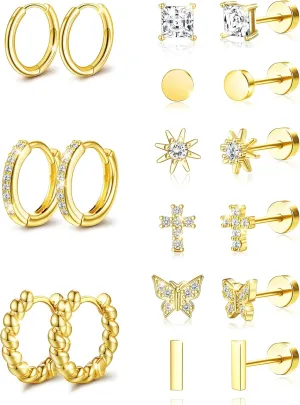 Hypoallergenic Surgical Steel Flat Back Earrings for Women Trendy 14K Gold Cartilage Earring Helix Conch Tragus Piercing Jewelry Earring Stacks Small Hoop Flatback Earrings Sets for Multiple Piercing