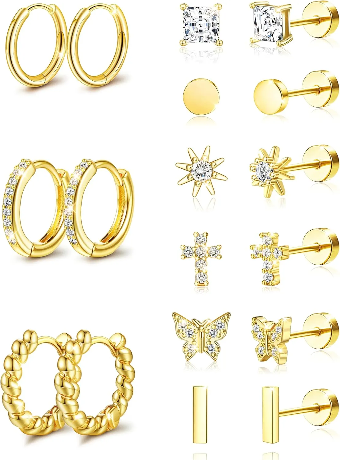 Hypoallergenic Surgical Steel Flat Back Earrings for Women Trendy 14K Gold Cartilage Earring Helix Conch Tragus Piercing Jewelry Earring Stacks Small Hoop Flatback Earrings Sets for Multiple Piercing