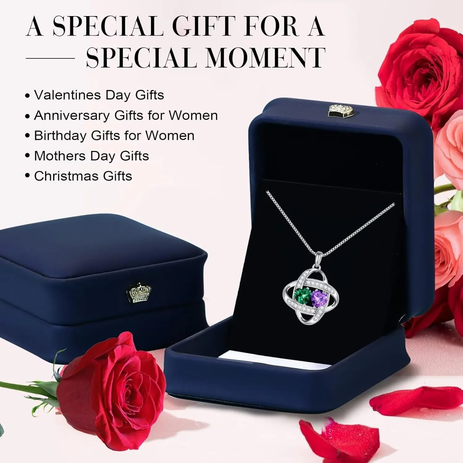 Iefil Birthstone Necklace for Women - 925 Sterling Silver Love Knot Necklace, Anniversary Birthday Jewelry Gifts for Her Wife Girlfriend Mom