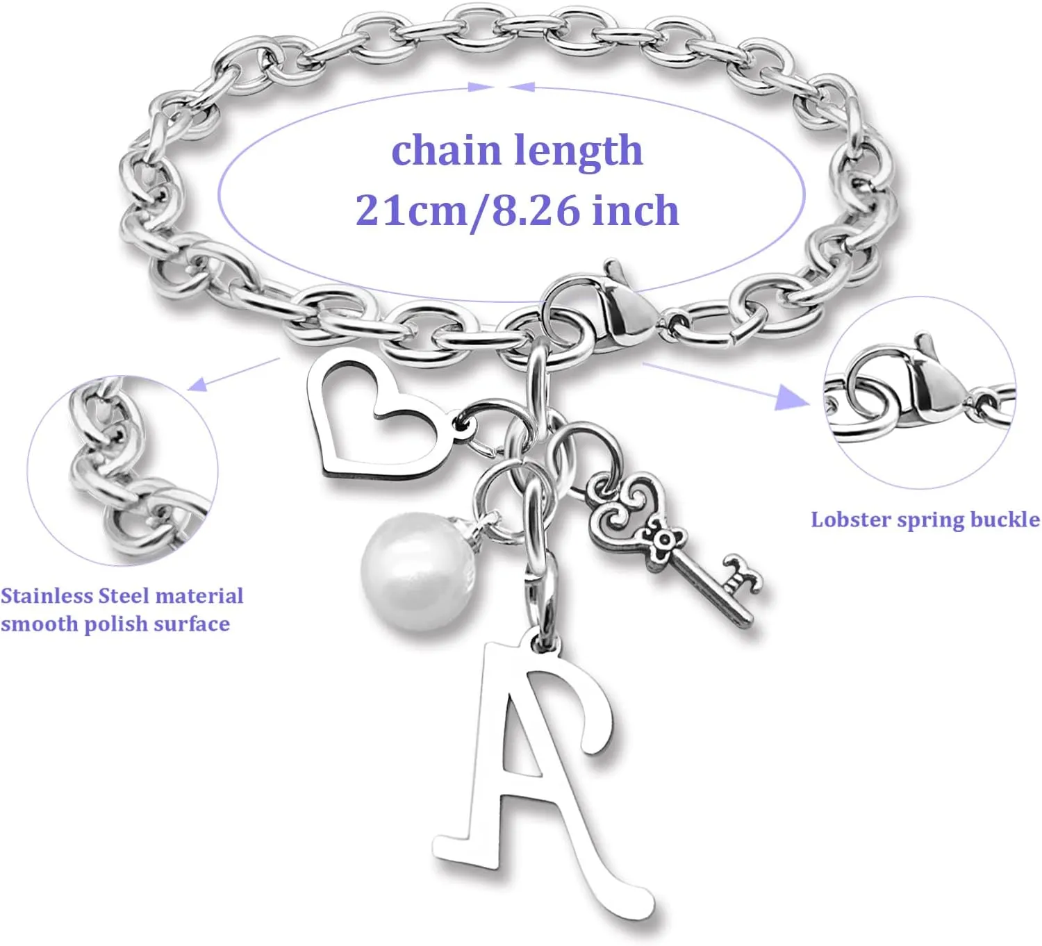 Initial A-Z Bracelets Gift for Women Girls Stainless Steel Chain Bracelet 26 Alphabet Jewelry Gifts for Birthday Anniversary Letter Bracelet Monogram Gifts for Sister Friend Girlfriends Mom 8.26 Inch