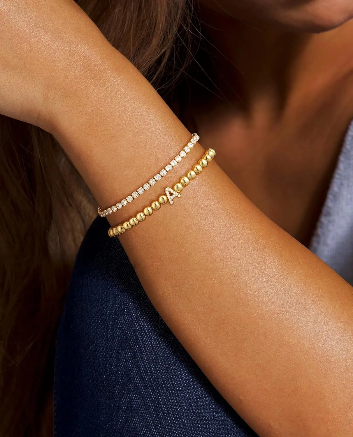 Initial Gold Bracelets for Women, 14K Gold Plated Letter Bracelet Beaded Cubic Zirconia Tennis Bracelets for Women Trendy Fashion Jewelry for Women, Initial A-Z