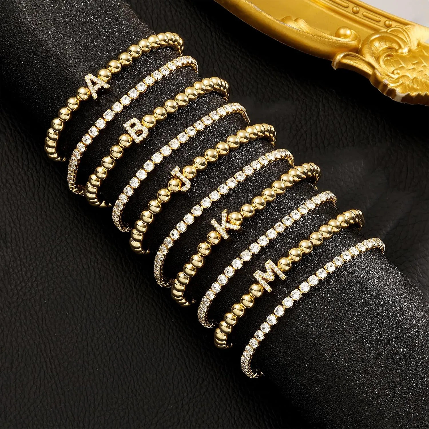 Initial Gold Bracelets for Women, 14K Gold Plated Letter Bracelet Beaded Cubic Zirconia Tennis Bracelets for Women Trendy Fashion Jewelry for Women, Initial A-Z