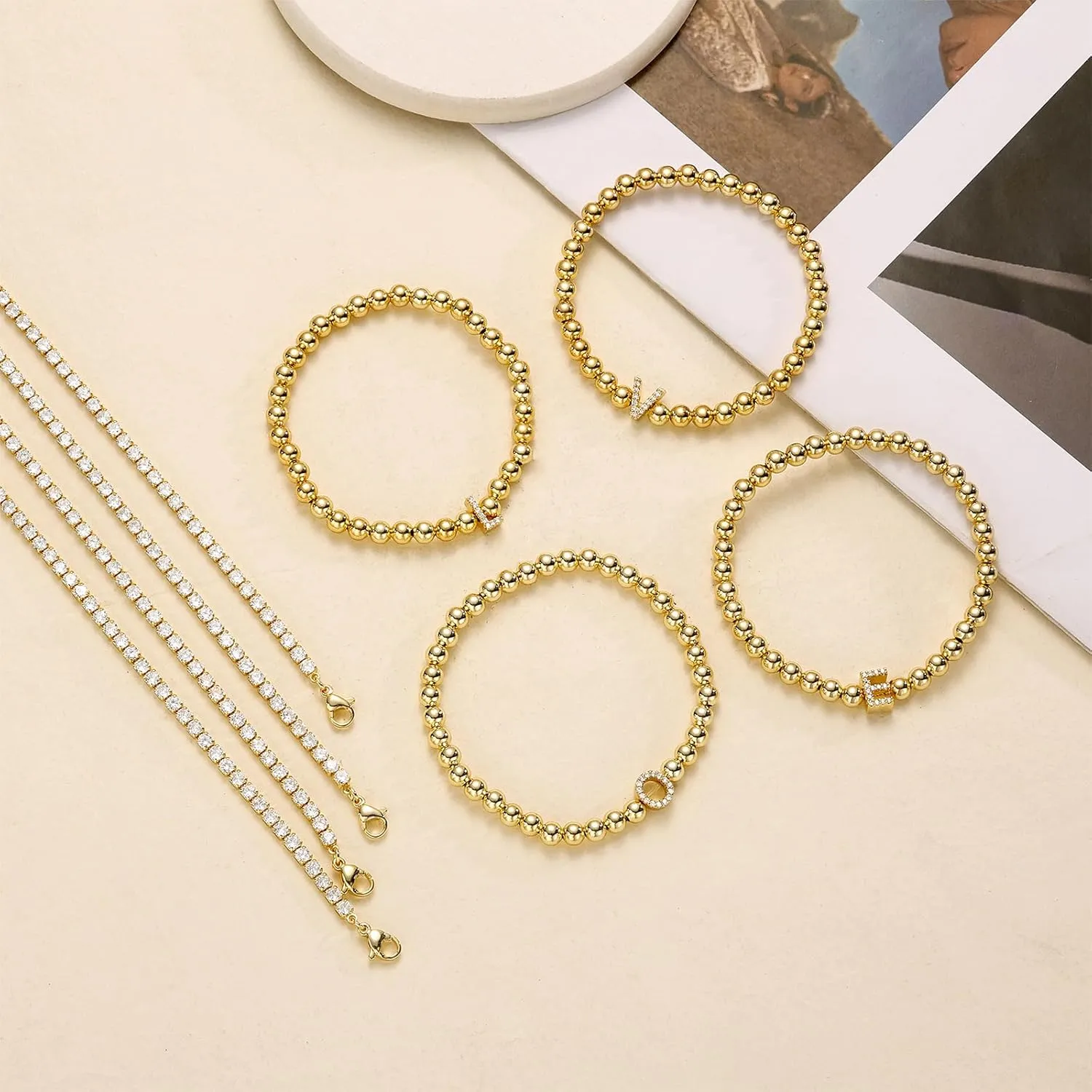 Initial Gold Bracelets for Women, 14K Gold Plated Letter Bracelet Beaded Cubic Zirconia Tennis Bracelets for Women Trendy Fashion Jewelry for Women, Initial A-Z