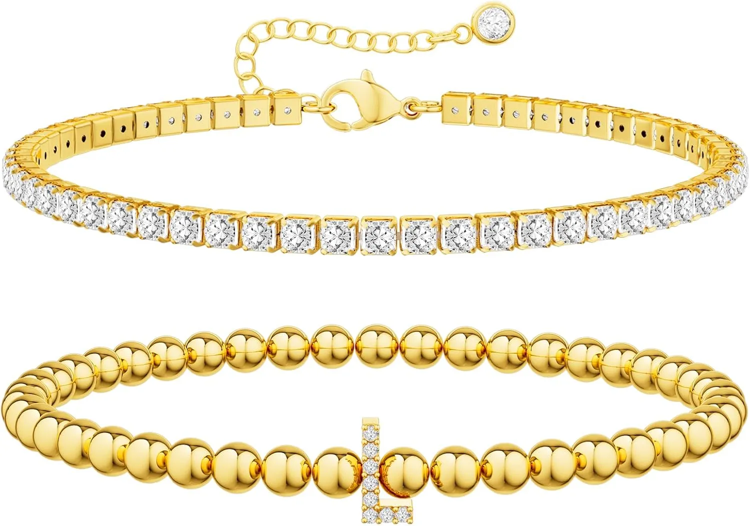Initial Gold Bracelets for Women, 14K Gold Plated Letter Bracelet Beaded Cubic Zirconia Tennis Bracelets for Women Trendy Fashion Jewelry for Women, Initial A-Z