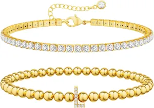 Initial Gold Bracelets for Women, 14K Gold Plated Letter Bracelet Beaded Cubic Zirconia Tennis Bracelets for Women Trendy Fashion Jewelry for Women, Initial A-Z