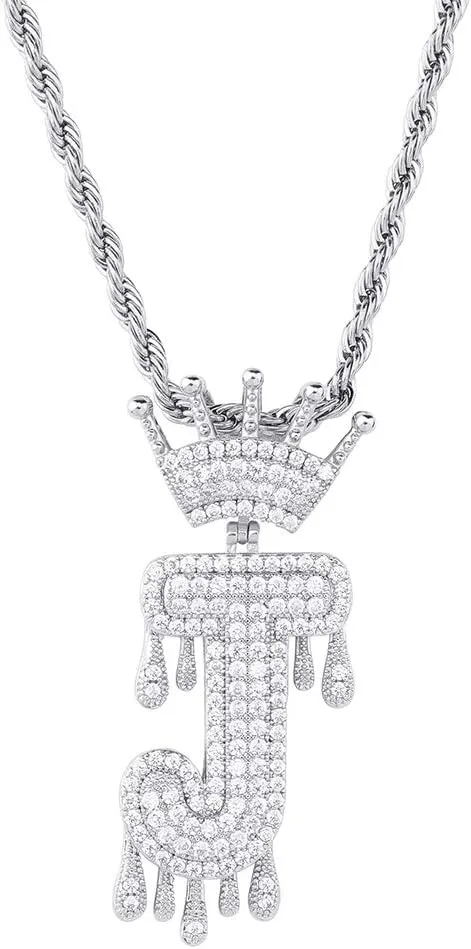 Initial Necklace for Men Women 18K Plated Gold Initial Letter Necklace Silver Iced Out Diamond Name Necklace(Silver J, 24)