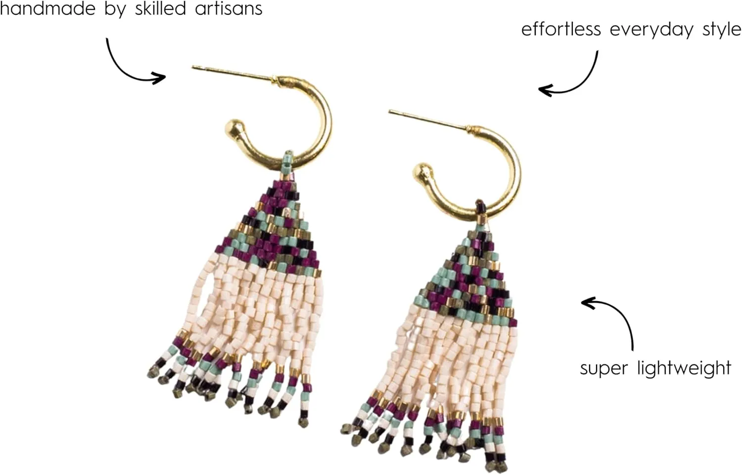 INK ALLOY Beaded Earrings for Women Dangling, Leta 2-in-1 Fringe and Mini Gold Hoop Earrings, Hypoallergenic Handmade Jewelry for the Modern Bohemian, 2-Inch Length