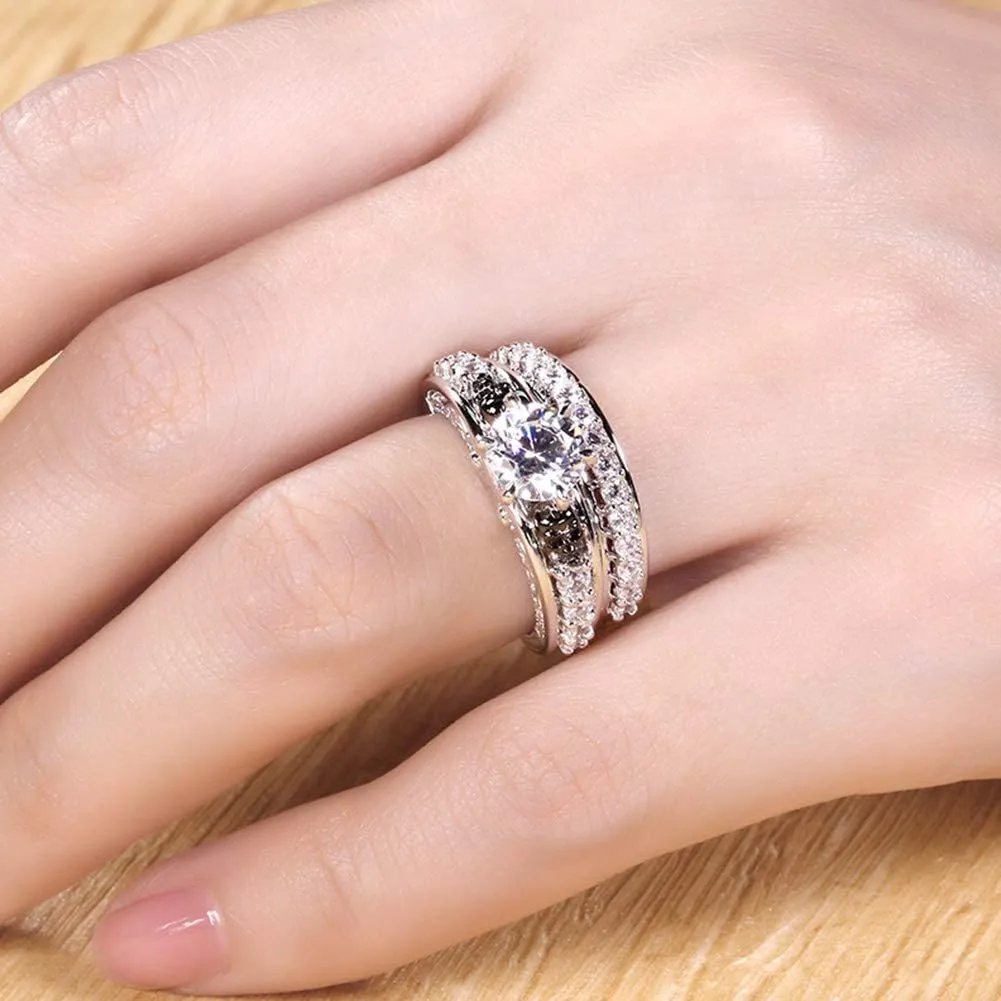 Jeulia 4Carat Women Curved Two Tone Skull Rings Men Sterling Silver White Diamond Bridal Ring Set Round Cut Halo Engagement Rings Cubic Zirconia Eternity Band Promise Wedding Anniversary
