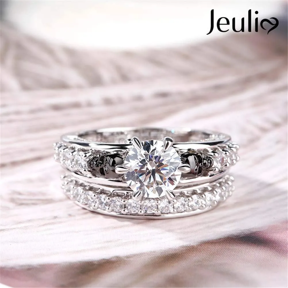 Jeulia 4Carat Women Curved Two Tone Skull Rings Men Sterling Silver White Diamond Bridal Ring Set Round Cut Halo Engagement Rings Cubic Zirconia Eternity Band Promise Wedding Anniversary