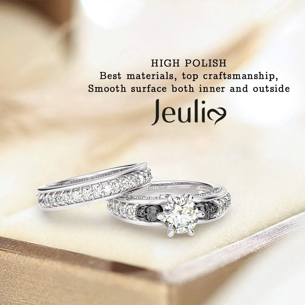 Jeulia 4Carat Women Curved Two Tone Skull Rings Men Sterling Silver White Diamond Bridal Ring Set Round Cut Halo Engagement Rings Cubic Zirconia Eternity Band Promise Wedding Anniversary