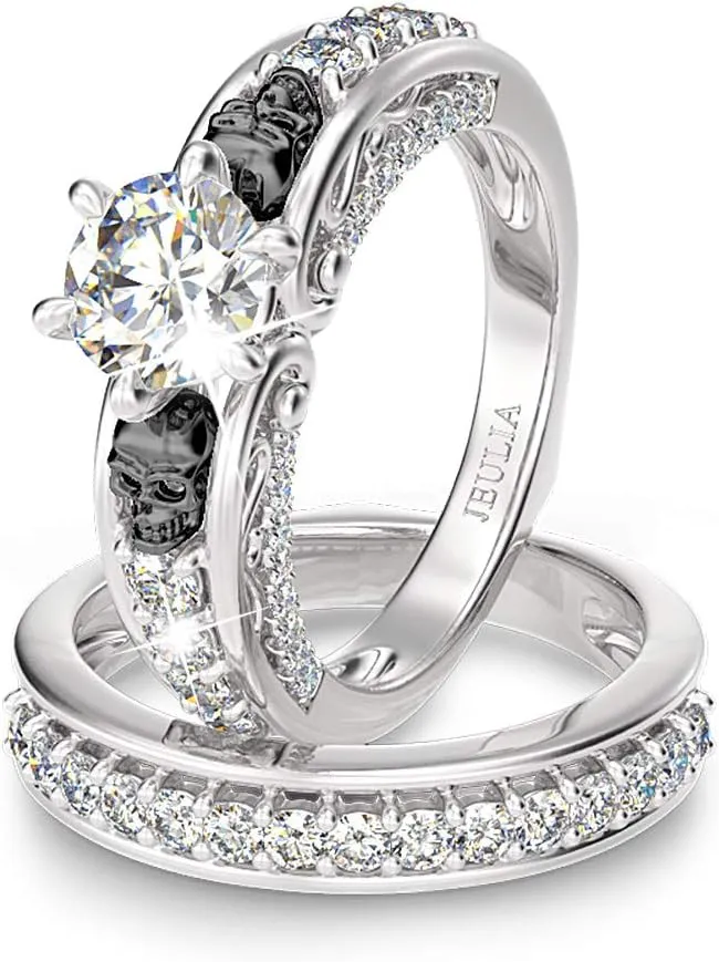 Jeulia 4Carat Women Curved Two Tone Skull Rings Men Sterling Silver White Diamond Bridal Ring Set Round Cut Halo Engagement Rings Cubic Zirconia Eternity Band Promise Wedding Anniversary