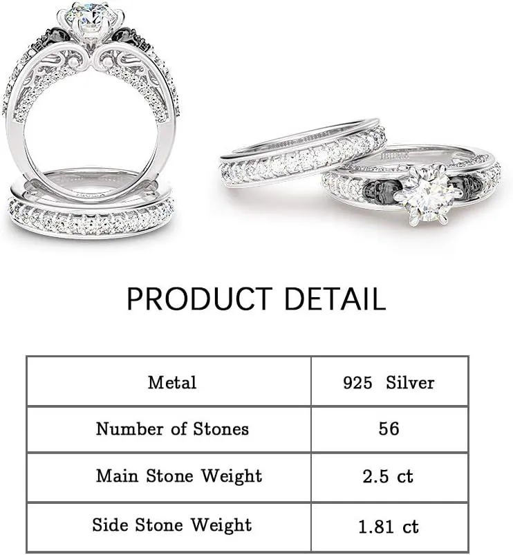 Jeulia 4Carat Women Curved Two Tone Skull Rings Men Sterling Silver White Diamond Bridal Ring Set Round Cut Halo Engagement Rings Cubic Zirconia Eternity Band Promise Wedding Anniversary