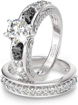 Jeulia 4Carat Women Curved Two Tone Skull Rings Men Sterling Silver White Diamond Bridal Ring Set Round Cut Halo Engagement Rings Cubic Zirconia Eternity Band Promise Wedding Anniversary