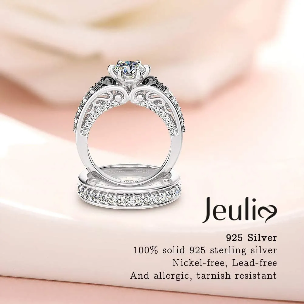 Jeulia 4Carat Women Curved Two Tone Skull Rings Men Sterling Silver White Diamond Bridal Ring Set Round Cut Halo Engagement Rings Cubic Zirconia Eternity Band Promise Wedding Anniversary