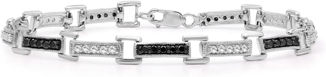 JEWELEXCESS Diamond Link Bracelets for Women  1.00 Carat Black & White Diamond Sterling Silver Bracelet  Hypoallergenic Diamond Link Bracelet Silver Bracelets for Women Sterling Silver