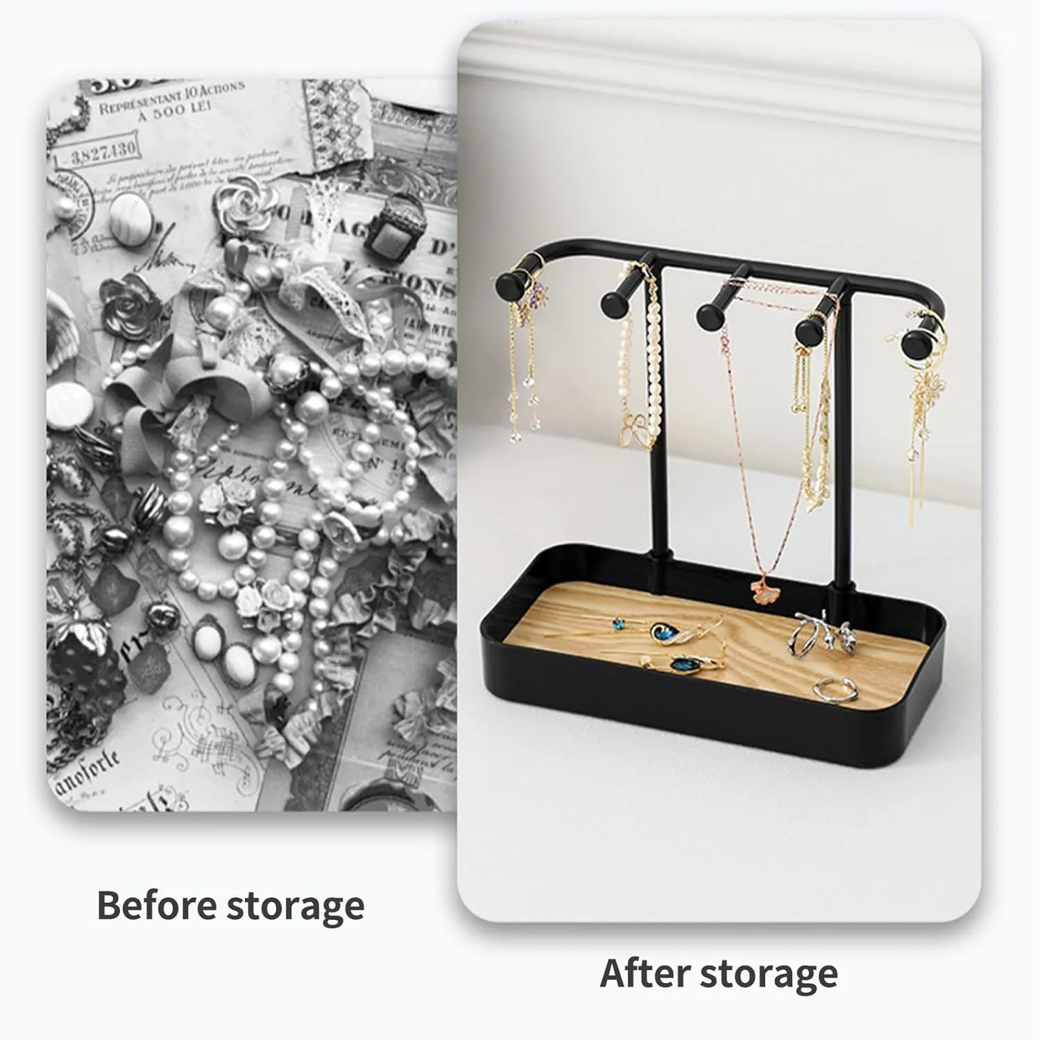 Jewelry Organizer Stand, Necklaces Holder with Wooden Tray, Necklace Display Stand Jewelry Storage Hooks for Necklace, Bracelets, Earrings, Ring, Keys, Watches (Black)