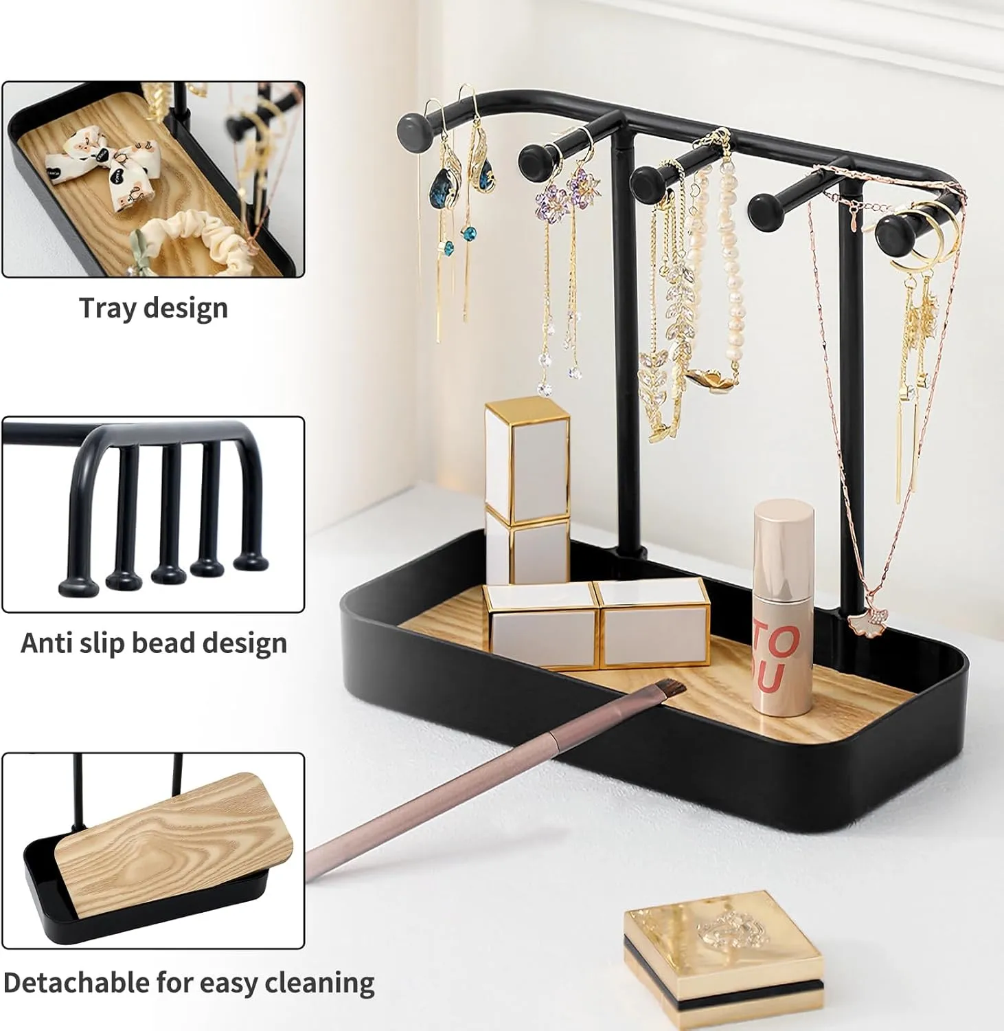 Jewelry Organizer Stand, Necklaces Holder with Wooden Tray, Necklace Display Stand Jewelry Storage Hooks for Necklace, Bracelets, Earrings, Ring, Keys, Watches (Black)